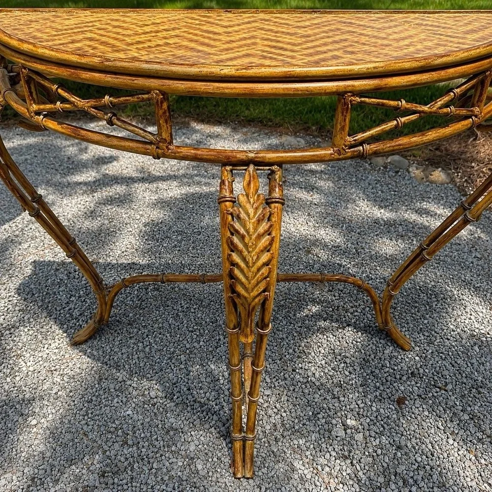 Vintage Regency Faux Bamboo Demilune Console Table Woven Metal Charleston Estate